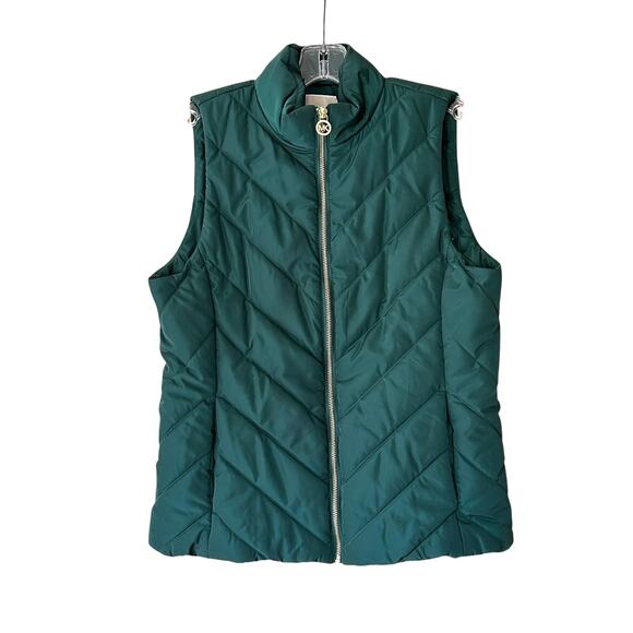 Michael Kors Hunter Green Quilted Puffer Vest Women’s M Gold Zip - Picture 1 of 6